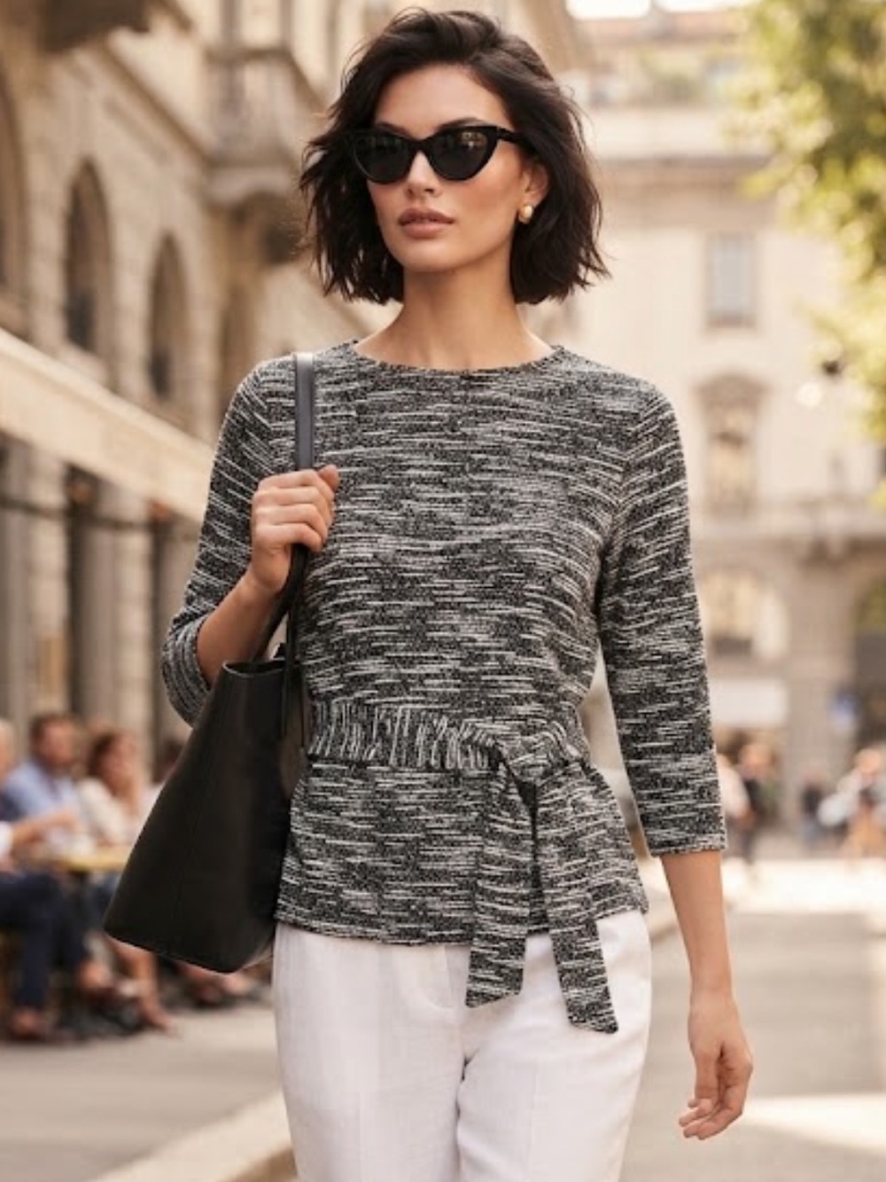 Ann Taylor Black & White Marled Tie-Front Long Sleeve Top